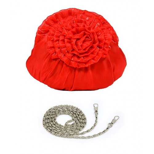 Evening Bag - Silk-like Flower w/ Metal Chain - Red - BG-EBS1037RD